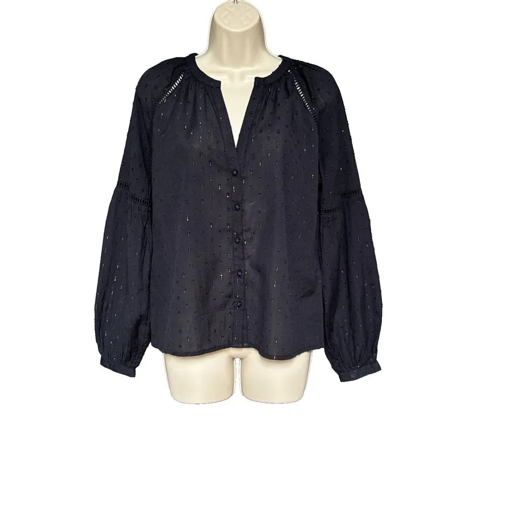 Sezane Black Blouse 34 US 2 Gold Metallic Accents Button Front Long Sleeve Chic